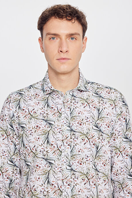 %100 Pamuk Slim Fit Büyük İtalyan Yaka Baskılı Beyaz-Yeşil Gömlek resmi