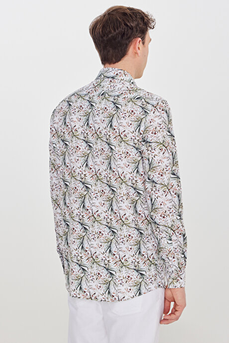 %100 Pamuk Slim Fit Büyük İtalyan Yaka Baskılı Beyaz-Yeşil Gömlek resmi