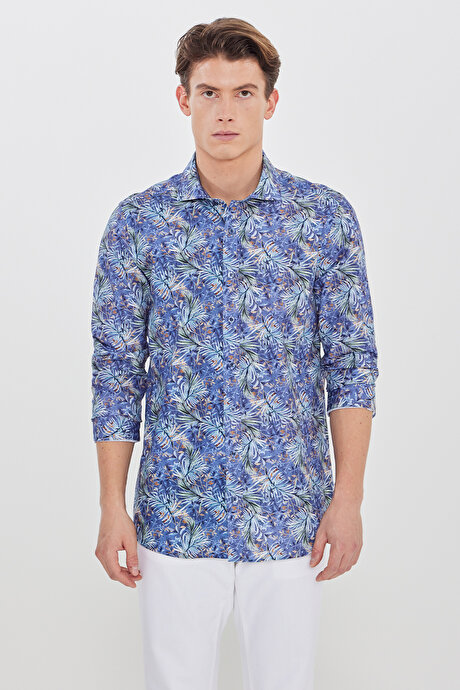 %100 Pamuk Slim Fit Büyük İtalyan Yaka Baskılı Lacivert-Yeşil Gömlek resmi