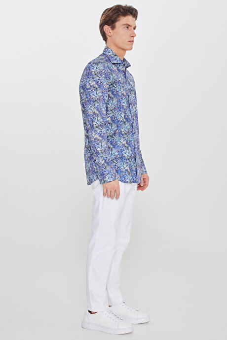 %100 Pamuk Slim Fit Büyük İtalyan Yaka Baskılı Lacivert-Yeşil Gömlek resmi