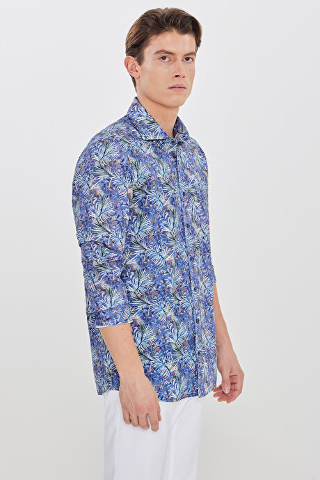 %100 Pamuk Slim Fit Büyük İtalyan Yaka Baskılı Lacivert-Yeşil Gömlek resmi