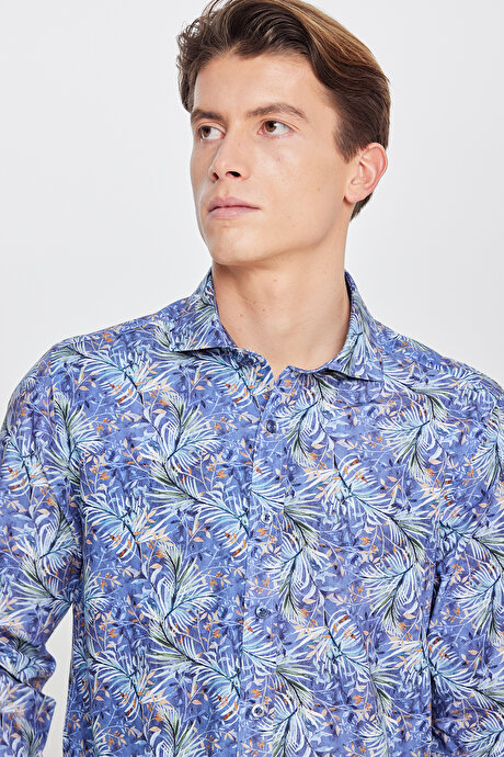 %100 Pamuk Slim Fit Büyük İtalyan Yaka Baskılı Lacivert-Yeşil Gömlek resmi