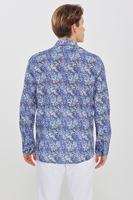 %100 Pamuk Slim Fit Büyük İtalyan Yaka Baskılı Lacivert-Yeşil Gömlek resmi