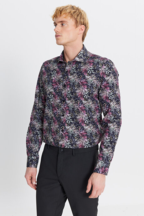 %100 Pamuk Slim Fit Dar Kesim Büyük İtalyan Yaka Baskılı SIYAH KIRMIZI Gömlek resmi