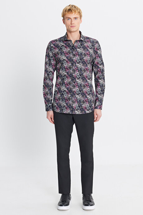 %100 Pamuk Slim Fit Dar Kesim Büyük İtalyan Yaka Baskılı SIYAH KIRMIZI Gömlek resmi