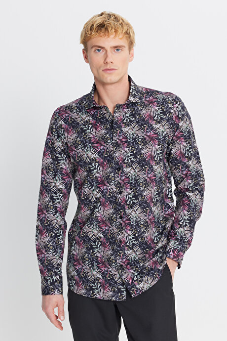 %100 Pamuk Slim Fit Dar Kesim Büyük İtalyan Yaka Baskılı SIYAH KIRMIZI Gömlek resmi