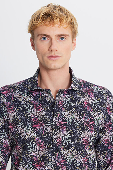 %100 Pamuk Slim Fit Dar Kesim Büyük İtalyan Yaka Baskılı SIYAH KIRMIZI Gömlek resmi