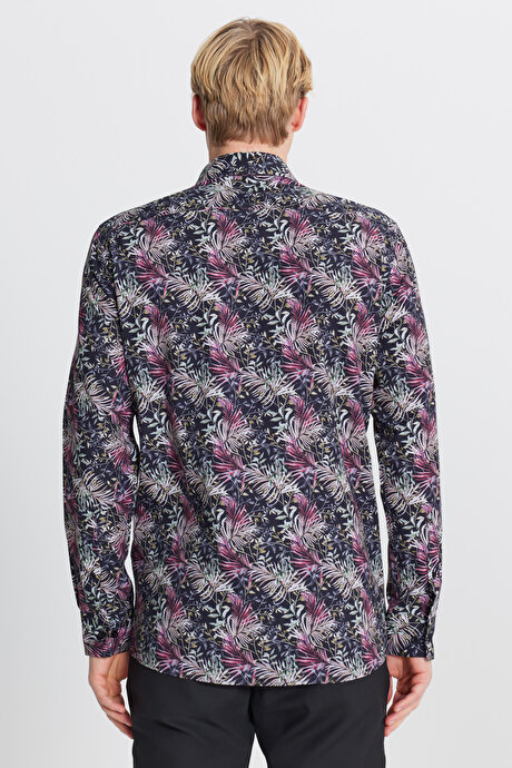 %100 Pamuk Slim Fit Dar Kesim Büyük İtalyan Yaka Baskılı SIYAH KIRMIZI Gömlek resmi