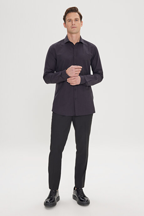 Pamuklu Slim Fit Dar Kesim Klasik Yaka Çizgili Siyah Gömlek resmi