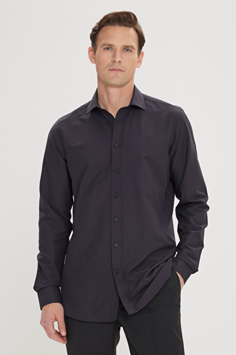 Pamuklu Slim Fit Dar Kesim Klasik Yaka Çizgili Siyah Gömlek resmi