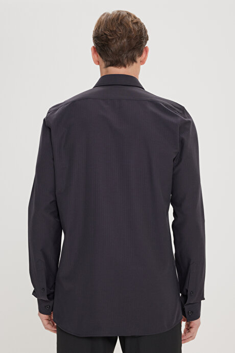 Pamuklu Slim Fit Dar Kesim Klasik Yaka Çizgili Siyah Gömlek resmi