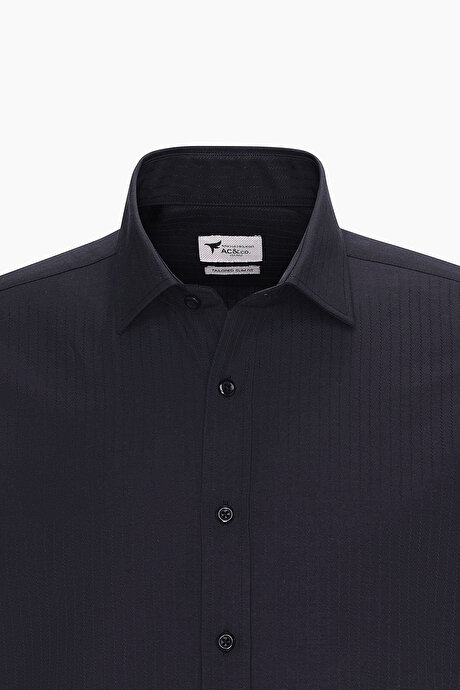 Pamuklu Slim Fit Dar Kesim Klasik Yaka Çizgili Siyah Gömlek resmi