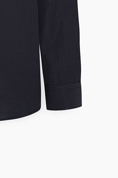 Pamuklu Slim Fit Dar Kesim Klasik Yaka Çizgili Siyah Gömlek resmi