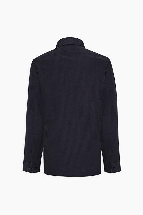 Pamuklu Slim Fit Dar Kesim Klasik Yaka Çizgili Siyah Gömlek resmi