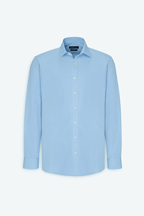 Pamuklu Slim Fit Dar Kesim Klasik Yaka Çizgili Açık Mavi Gömlek resmi