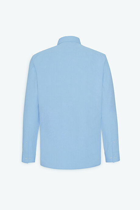Pamuklu Slim Fit Dar Kesim Klasik Yaka Çizgili Açık Mavi Gömlek resmi