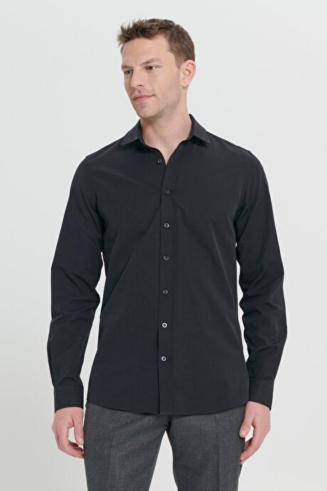 Pamuklu Slim Fit Dar Kesim Klasik Yaka Armürlü Siyah Gömlek resmi