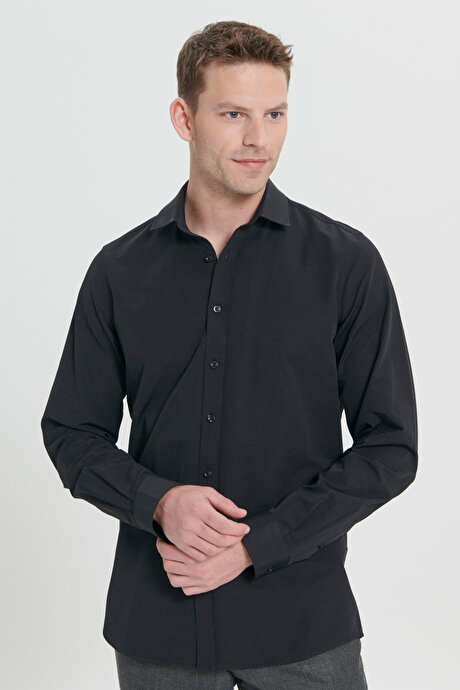 Pamuklu Slim Fit Dar Kesim Klasik Yaka Armürlü Siyah Gömlek resmi