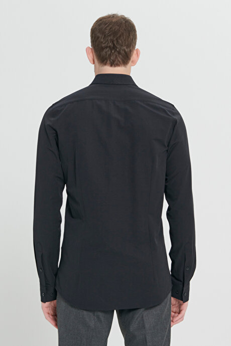 Pamuklu Slim Fit Dar Kesim Klasik Yaka Armürlü Siyah Gömlek resmi