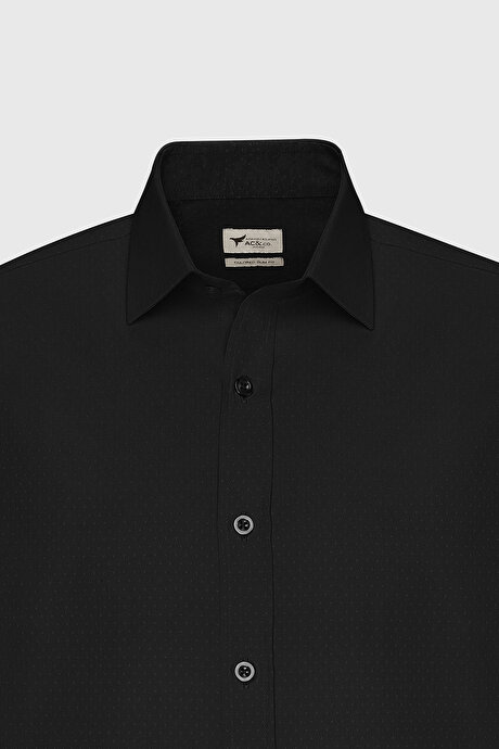 Pamuklu Slim Fit Dar Kesim Klasik Yaka Armürlü Siyah Gömlek resmi
