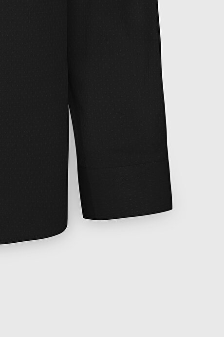 Pamuklu Slim Fit Dar Kesim Klasik Yaka Armürlü Siyah Gömlek resmi