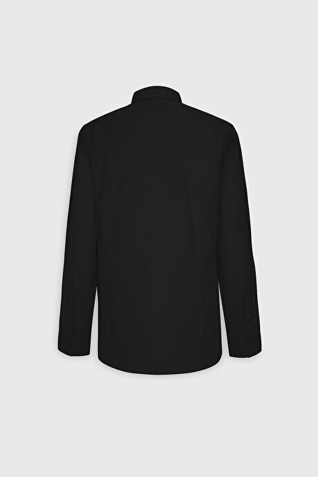 Pamuklu Slim Fit Dar Kesim Klasik Yaka Armürlü Siyah Gömlek resmi