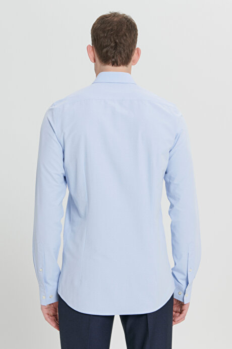 Pamuklu Slim Fit Dar Kesim Klasik Yaka Armürlü Açık Mavi Gömlek resmi
