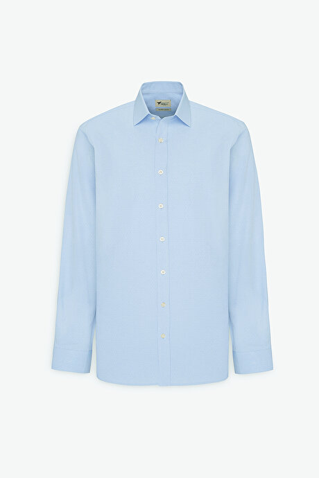 Pamuklu Slim Fit Dar Kesim Klasik Yaka Armürlü Açık Mavi Gömlek resmi