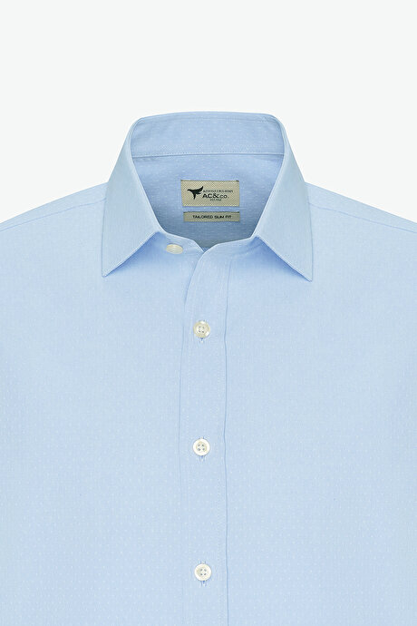Pamuklu Slim Fit Dar Kesim Klasik Yaka Armürlü Açık Mavi Gömlek resmi