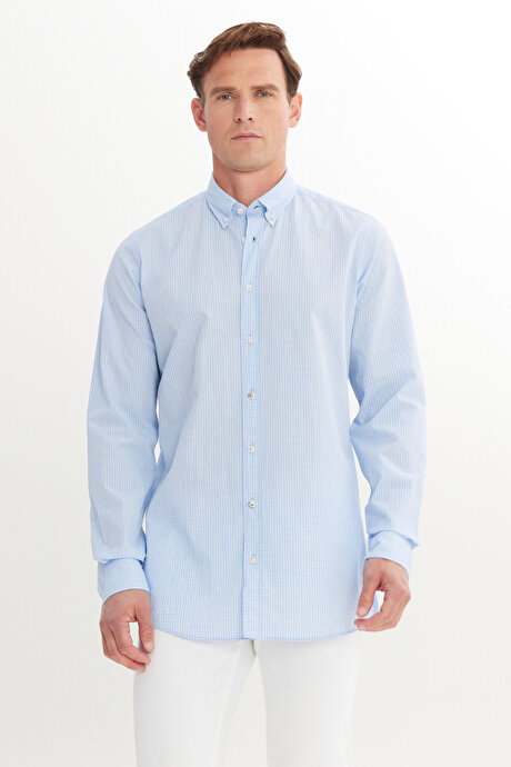 Pamuklu Slim Fit Dar Kesim Düğmeli Yaka Kareli Beyaz-Mavi Gömlek resmi