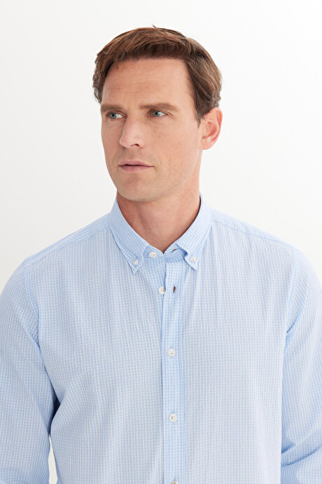 Pamuklu Slim Fit Dar Kesim Düğmeli Yaka Kareli Beyaz-Mavi Gömlek resmi