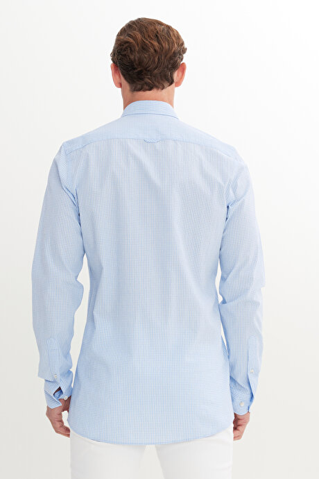 Pamuklu Slim Fit Dar Kesim Düğmeli Yaka Kareli Beyaz-Mavi Gömlek resmi