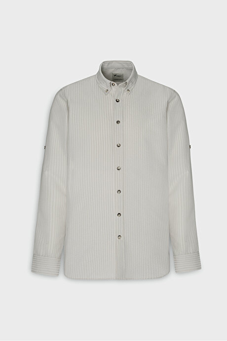 Pamuklu Slim Fit Dar Kesim Düğmeli Yaka Gofre Desenli Bej Gömlek resmi