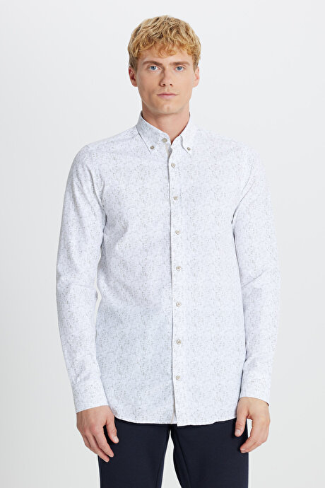 Pamuklu Slim Fit Dar Kesim Düğmeli Yaka Baskılı Beyaz-Haki Gömlek resmi