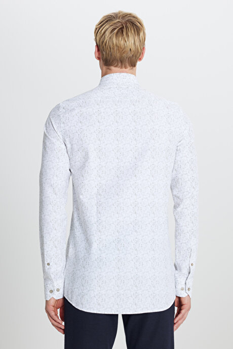 Pamuklu Slim Fit Dar Kesim Düğmeli Yaka Baskılı Beyaz-Haki Gömlek resmi