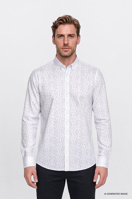 Pamuklu Slim Fit Dar Kesim Düğmeli Yaka Baskılı Beyaz-Lacivert Gömlek resmi