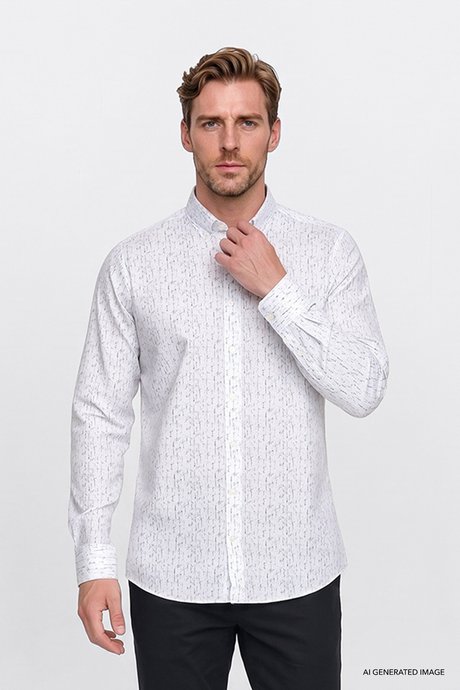 Pamuklu Slim Fit Dar Kesim Düğmeli Yaka Baskılı Beyaz-Lacivert Gömlek resmi