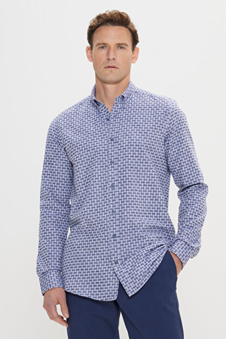 %100 Pamuk Slim Fit Dar Kesim Düğmeli Yaka Armürlü Lacivert Gömlek resmi