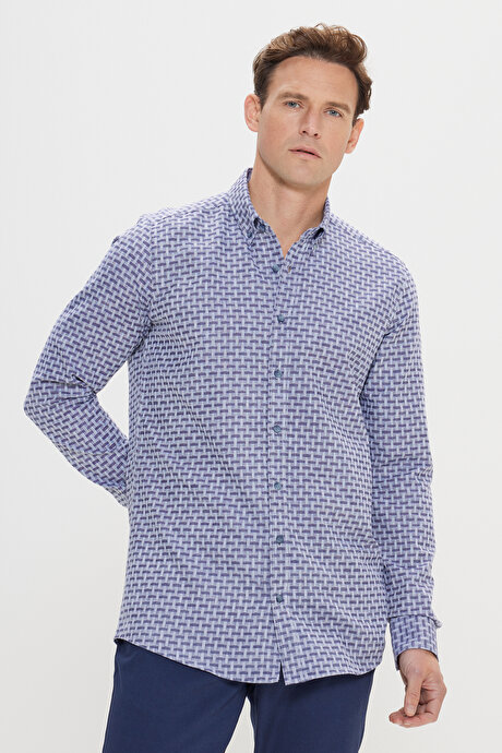 %100 Pamuk Slim Fit Dar Kesim Düğmeli Yaka Armürlü Lacivert Gömlek resmi