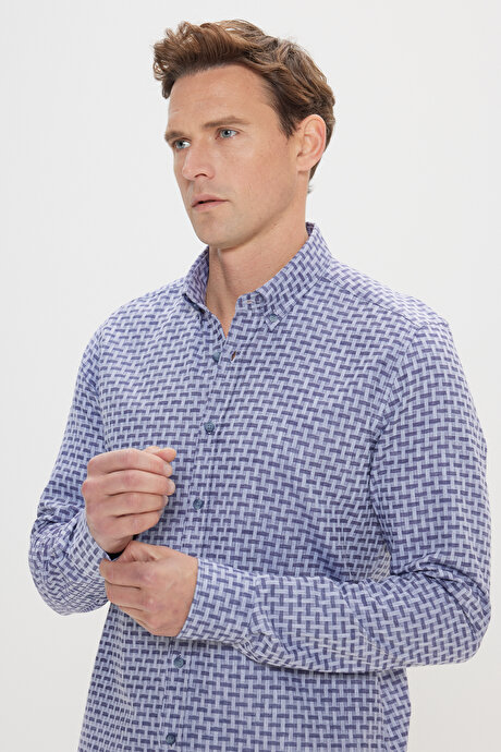 %100 Pamuk Slim Fit Dar Kesim Düğmeli Yaka Armürlü Lacivert Gömlek resmi