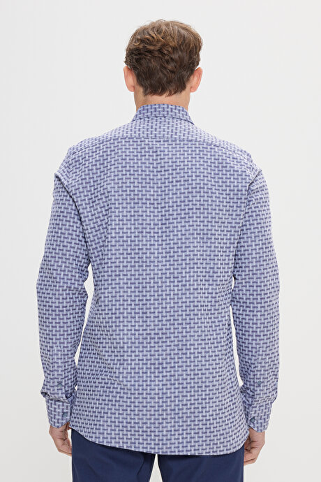 %100 Pamuk Slim Fit Dar Kesim Düğmeli Yaka Armürlü Lacivert Gömlek resmi