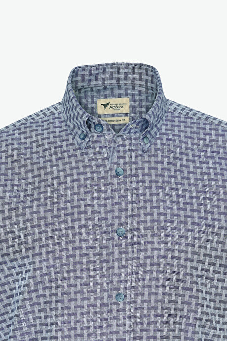 %100 Pamuk Slim Fit Dar Kesim Düğmeli Yaka Armürlü Lacivert Gömlek resmi