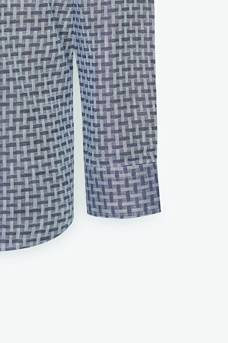 %100 Pamuk Slim Fit Dar Kesim Düğmeli Yaka Armürlü Lacivert Gömlek resmi