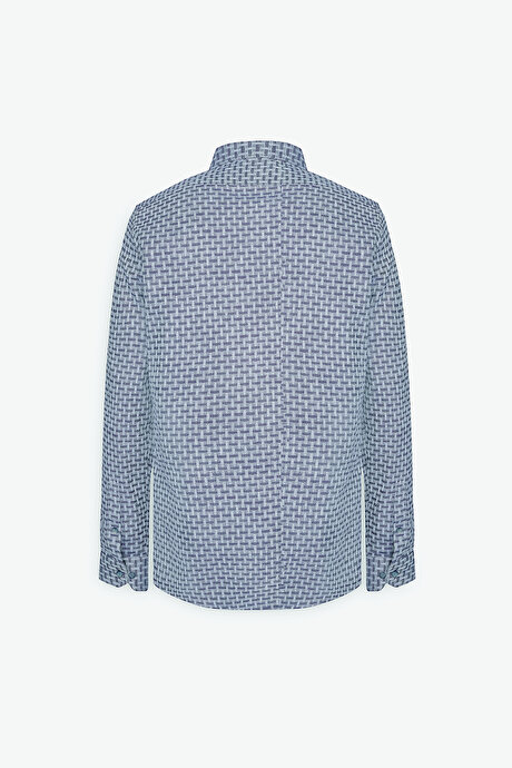 %100 Pamuk Slim Fit Dar Kesim Düğmeli Yaka Armürlü Lacivert Gömlek resmi