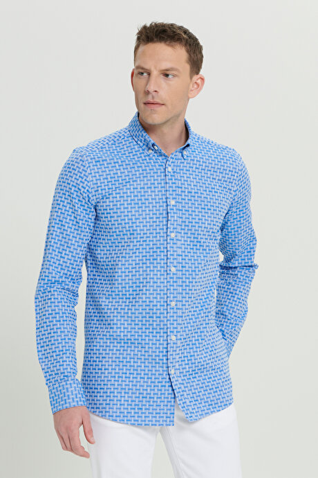 %100 Pamuk Slim Fit Dar Kesim Düğmeli Yaka Armürlü Mavi Gömlek resmi