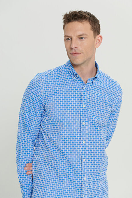 %100 Pamuk Slim Fit Dar Kesim Düğmeli Yaka Armürlü Mavi Gömlek resmi