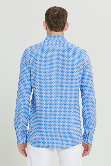 %100 Pamuk Slim Fit Dar Kesim Düğmeli Yaka Armürlü Mavi Gömlek resmi