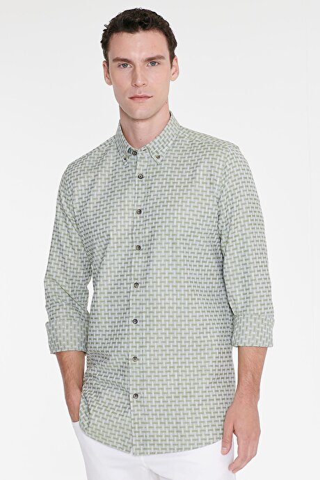 %100 Pamuk Slim Fit Dar Kesim Düğmeli Yaka Armürlü Yeşil Gömlek resmi