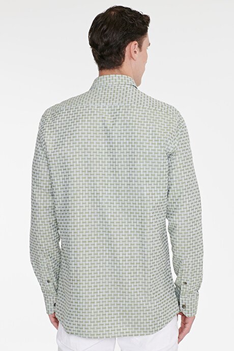 %100 Pamuk Slim Fit Dar Kesim Düğmeli Yaka Armürlü Yeşil Gömlek resmi