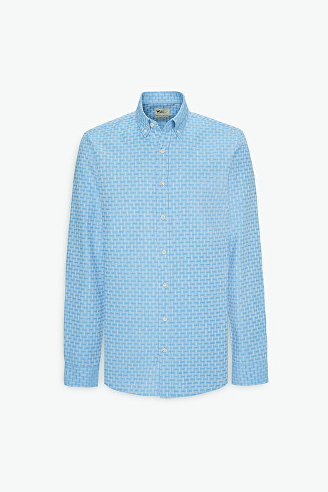 %100 Pamuk Slim Fit Dar Kesim Düğmeli Yaka Armürlü Açık Mavi Gömlek resmi